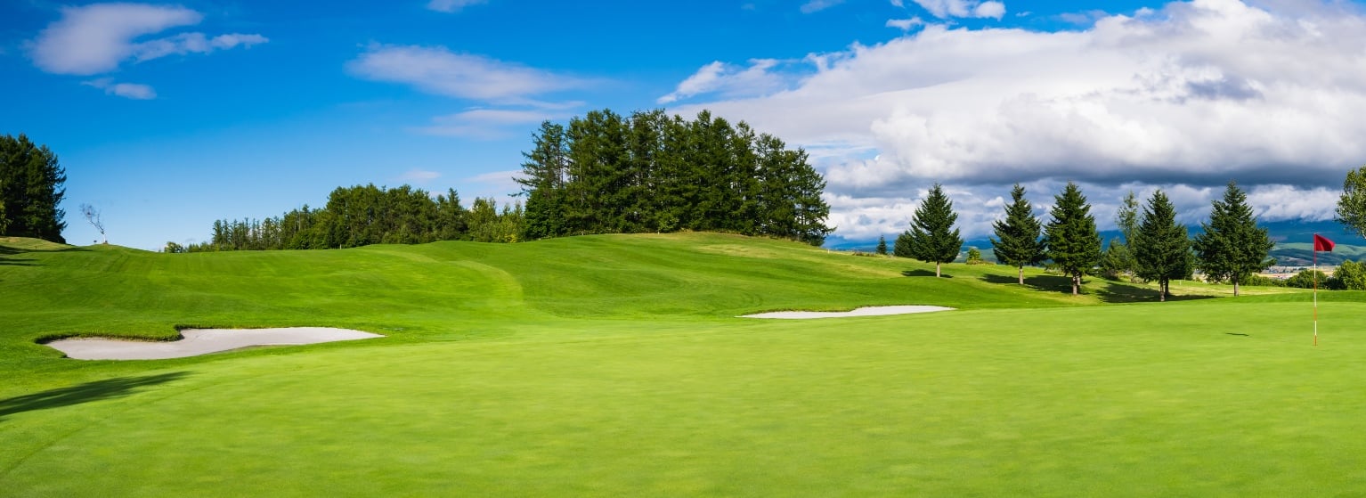 Panorama picture of a golf course with sandpits and trees under cloudy skies